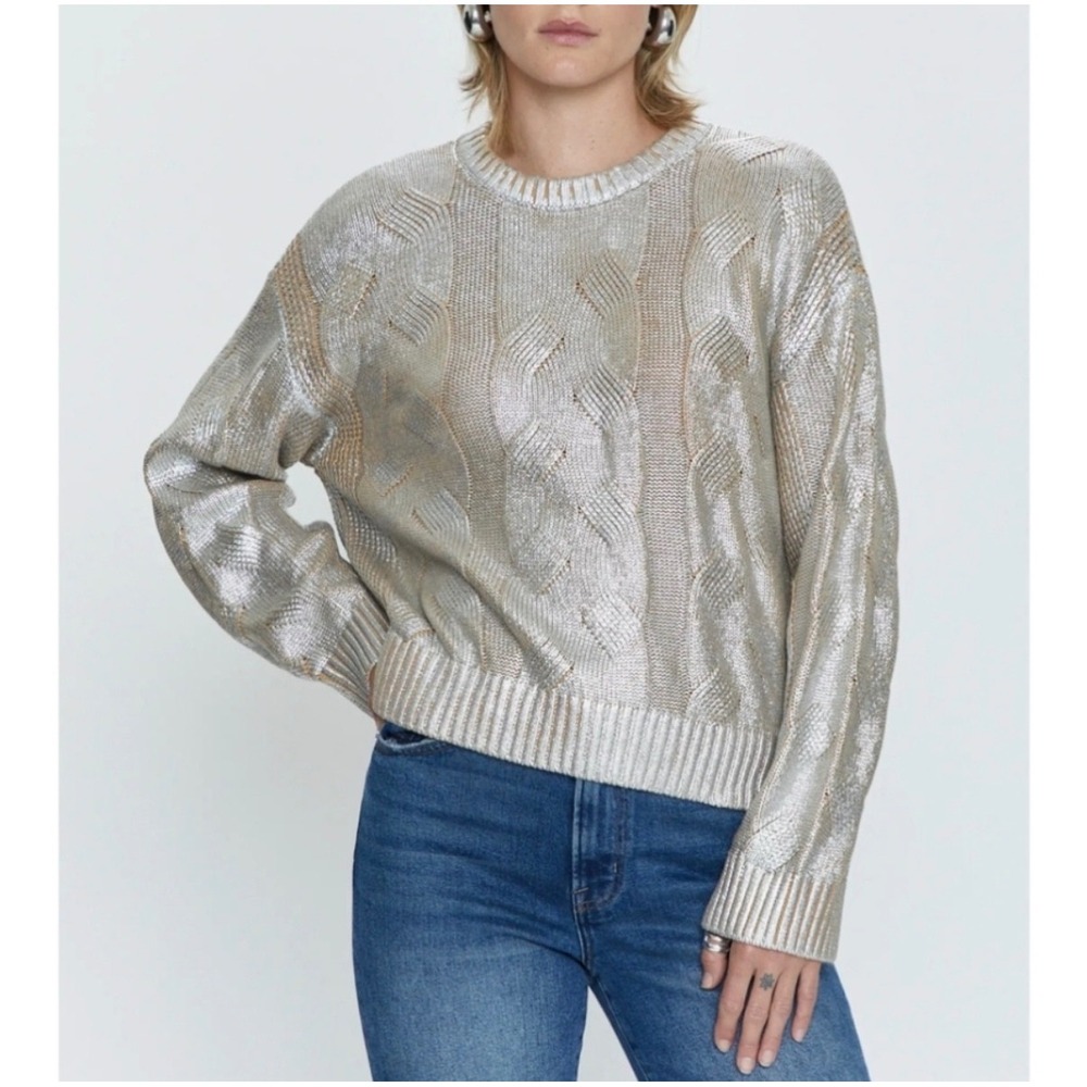 Pistola Gilded Castle Metallic Silver Cable Knit Cotton Sweater Women Medium
